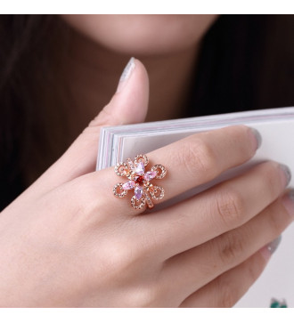 Színes cirkóniavirág, rozé aranyozott koktélgyűrű