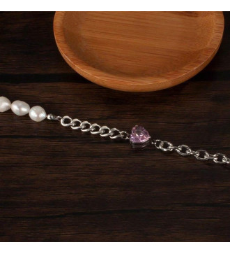 Különleges, szív díszes nemesacél karkötő, édesvízi gyöngyökkel