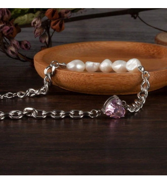 Különleges, szív díszes nemesacél karkötő, édesvízi gyöngyökkel