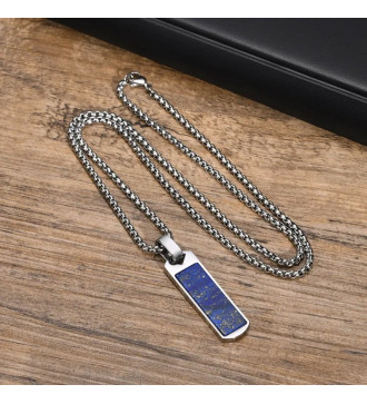 Téglalap nemesacél férfi nyaklánc, lapis lazuli berakással Téglalap nemesacél férfi nyaklánc, lapis lazuli berakással