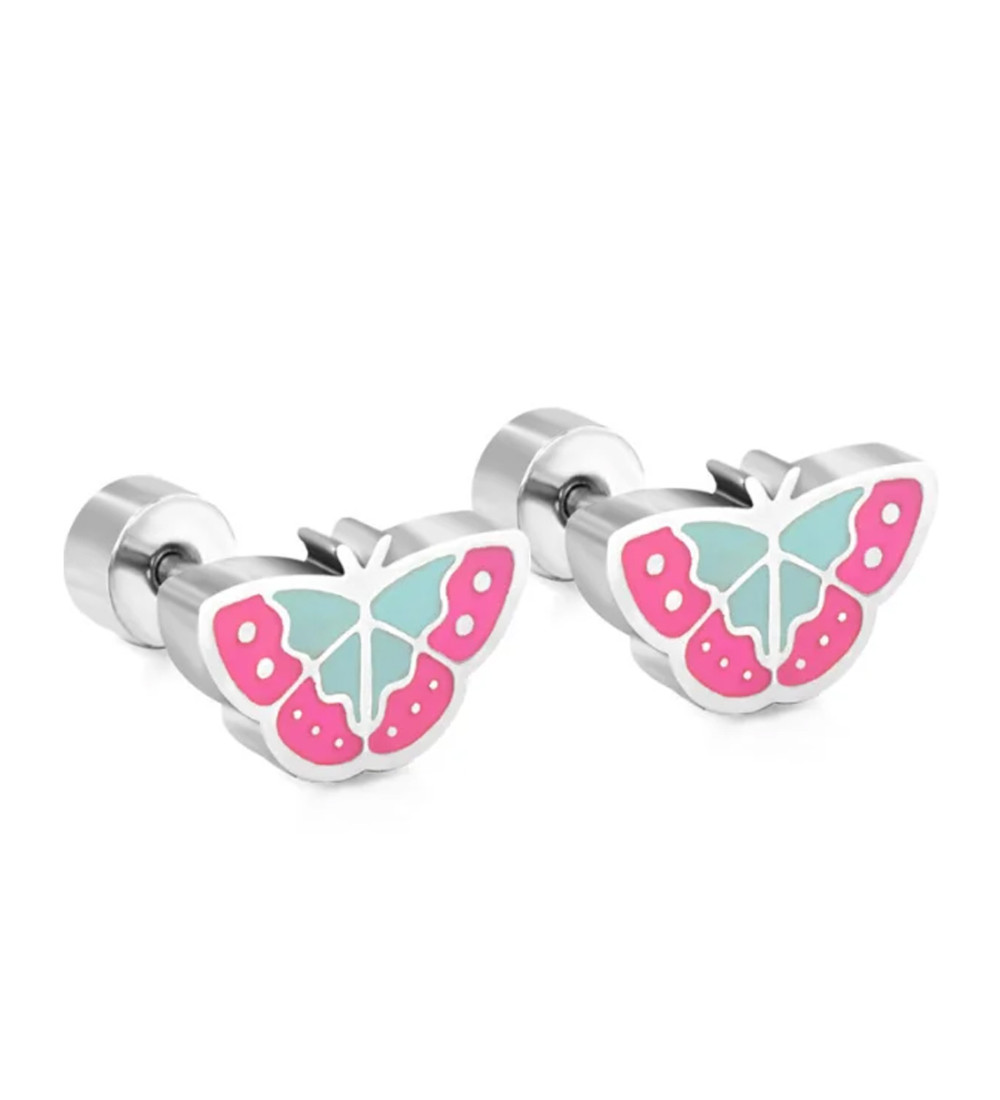 Színes lepkék, orvosi fém kislány fülbevaló, ezüst színben