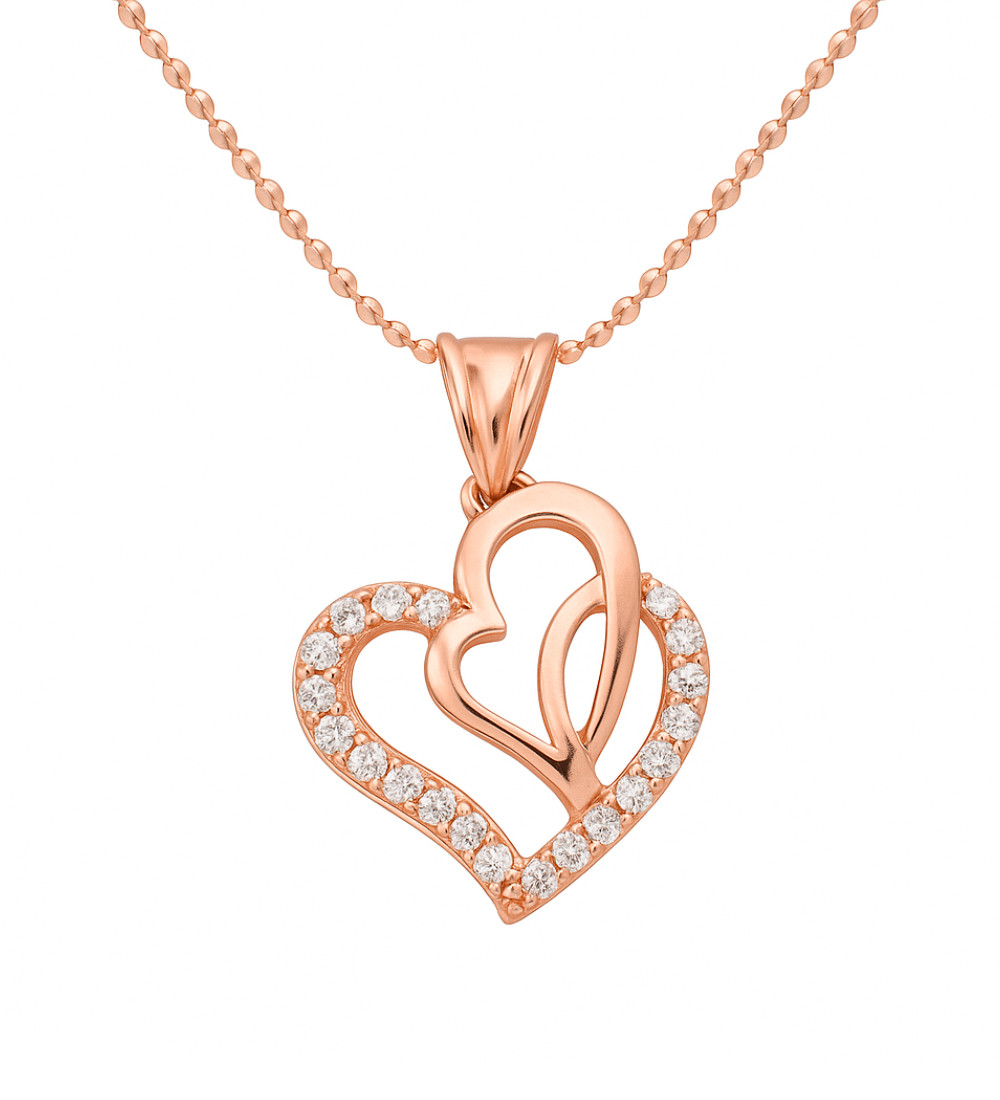 Dupla szív ezüst medál nyakláncon, rozé arany bevonattal