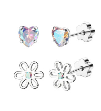 Szív és virág, AB kristályos orvosi fém kislány fülbevaló szett
