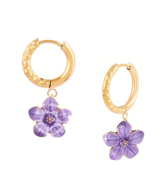 Violet nemesacél karika fülbevaló, lila virág dísszel