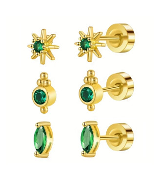 3 pár orvosi fém fülékszer szett - smaragdzöld