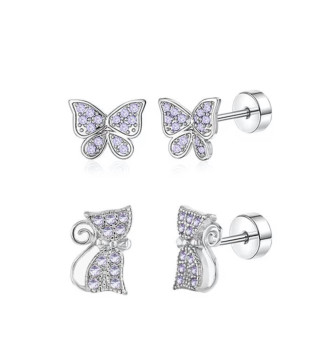 Lila cica és pillangó, orvosi fém kislány fülbevaló szett, csavaros zárral