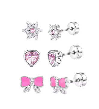 Pink masni, 3 pár orvosi fém kislány fülbevaló szett, csavaros zárral