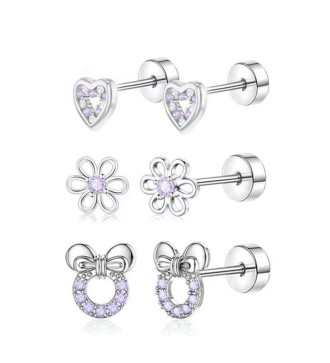 Lila kristályos, 3 pár orvosi fém kislány fülbevaló szett, csavaros zárral