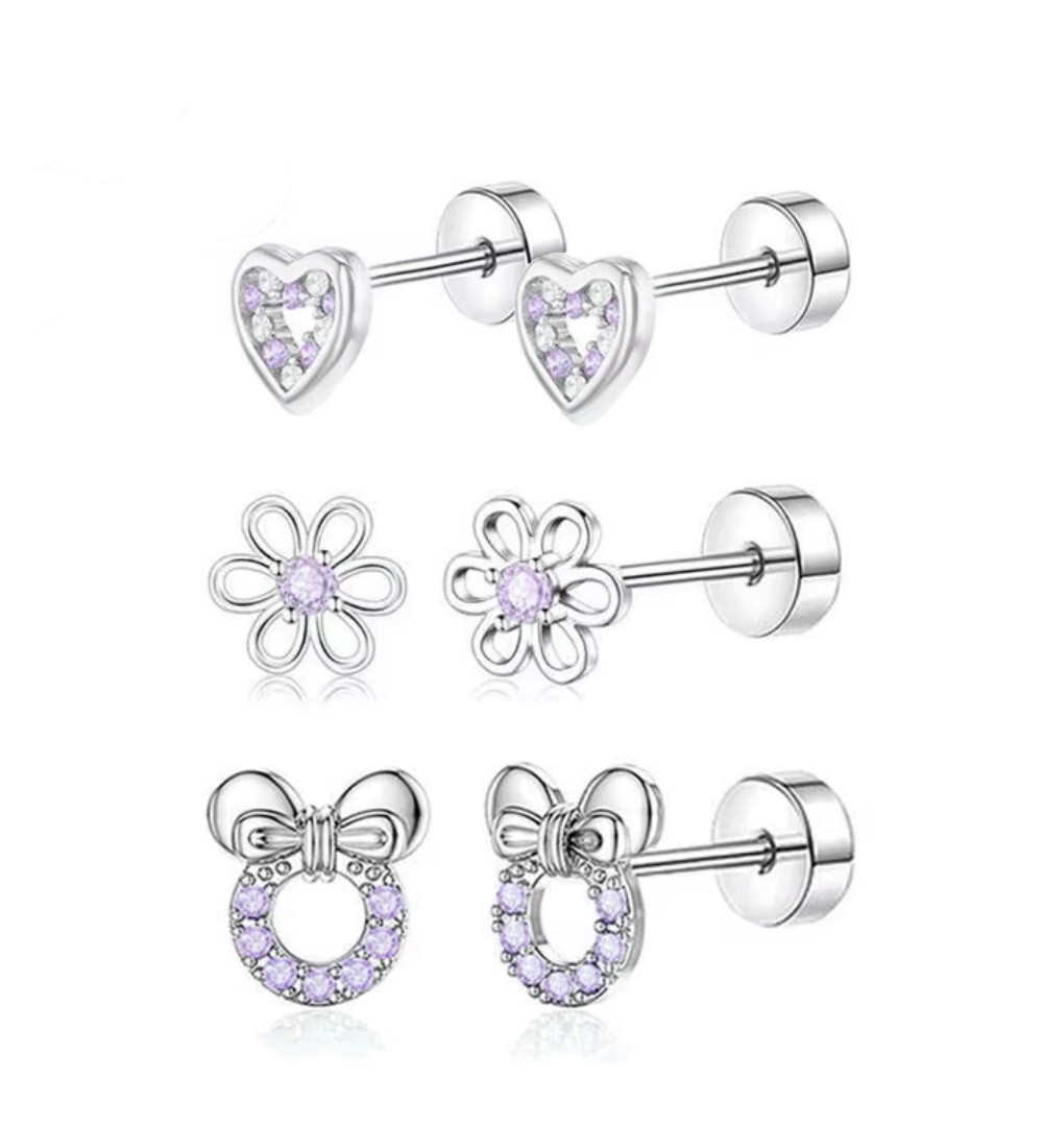 Lila kristályos, 3 pár orvosi fém kislány fülbevaló szett, csavaros zárral Lila kristályos, 3 pár orvosi fém kislány fülbevaló szett, csavaros zárral