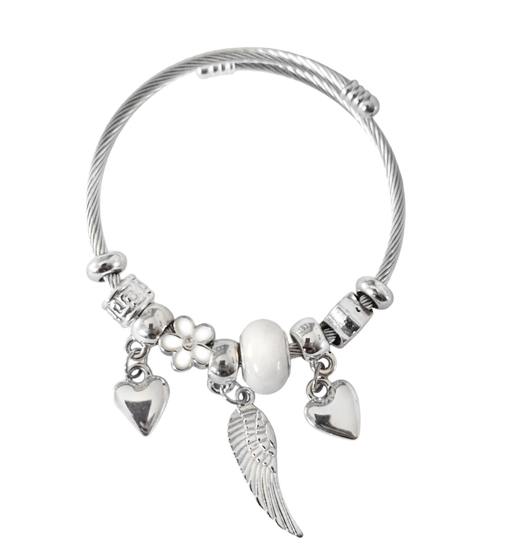 Pandora stílusú nemesacél karkötő, angyalszárny charmmal - fehér