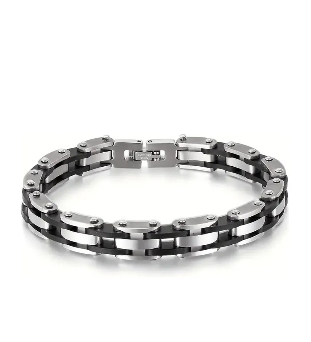Fekete szilikon sávos, többrétegű nemesacél karkötő