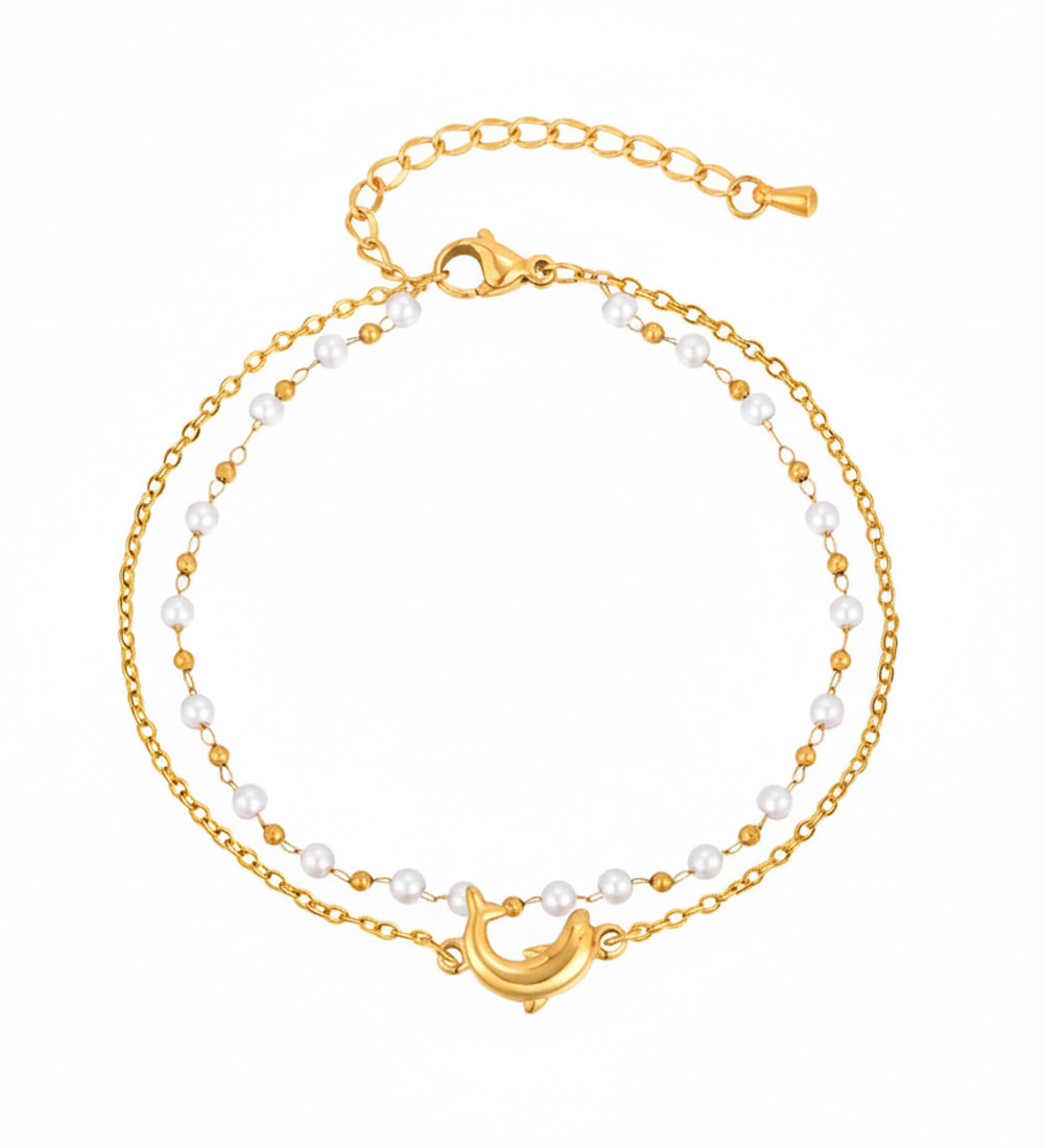 Delfin díszes nemesacél bokalánc, gyöngyökkel