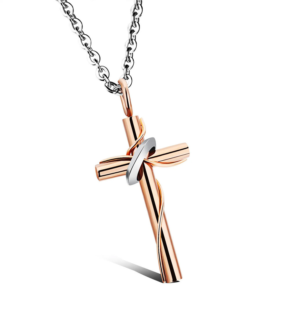 Nemesacél kereszt medál nyakláncon - rozé arany