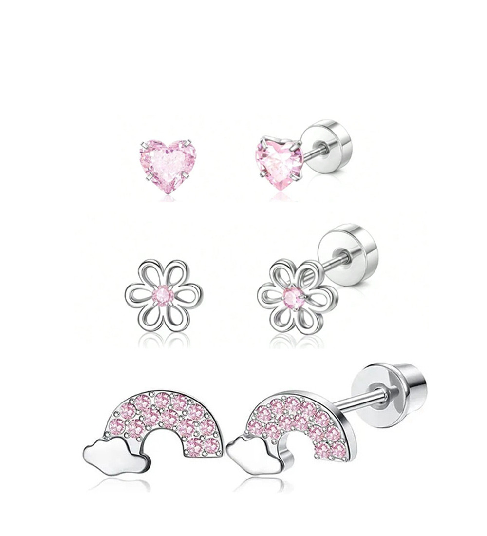 Szivárvány, 3 pár orvosi fém kislány fülbevaló szett, csavaros zárral