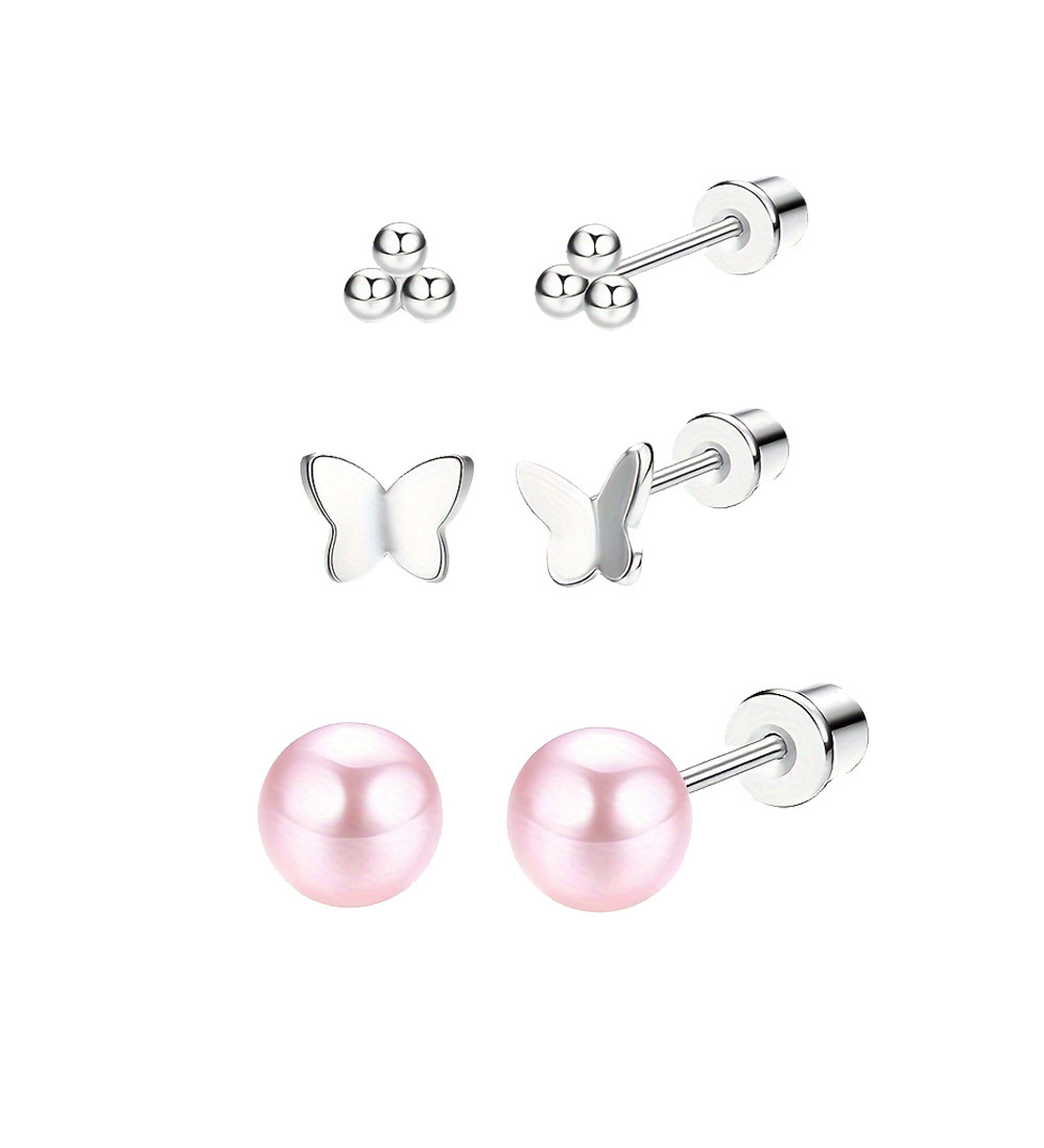 Lepkés, 3 pár orvosi fém fülbevaló szett, csavaros zárral