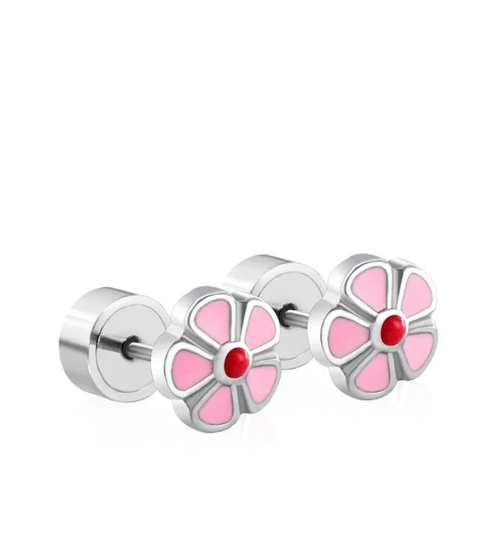 Rózsaszín virágos, orvosi fém kislány fülbevaló