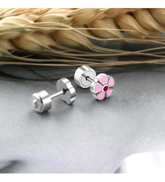 Rózsaszín virágos, orvosi fém kislány fülbevaló