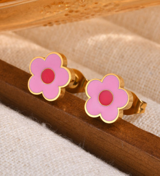 Pink virág, nemesacél gyerek fülbevaló, arany bevonattal
