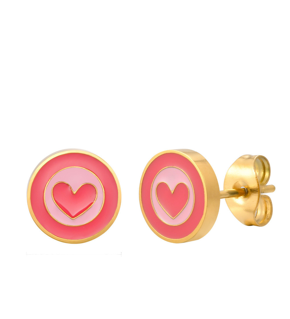 Pink szivecskés, nemesacél gyerek fülbevaló, arany bevonattal