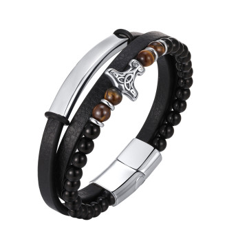 Thor, ásványgyöngyös, öko-bőr férfi karkötő, nemesacél kapoccsal