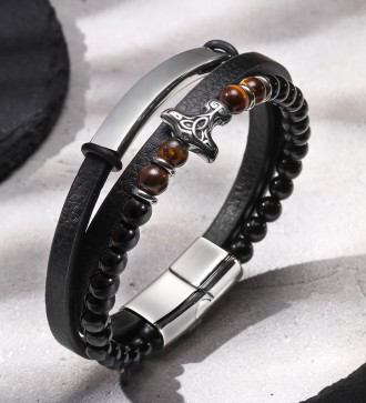 Thor, ásványgyöngyös, öko-bőr férfi karkötő, nemesacél kapoccsal