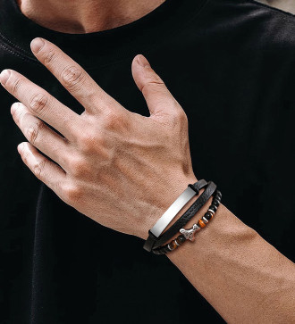 Thor, ásványgyöngyös, öko-bőr férfi karkötő, nemesacél kapoccsal