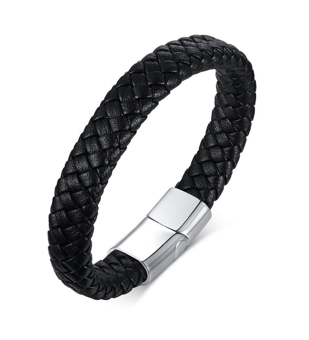 Fonott nemesacél-bőr karkötő, állítható méretben