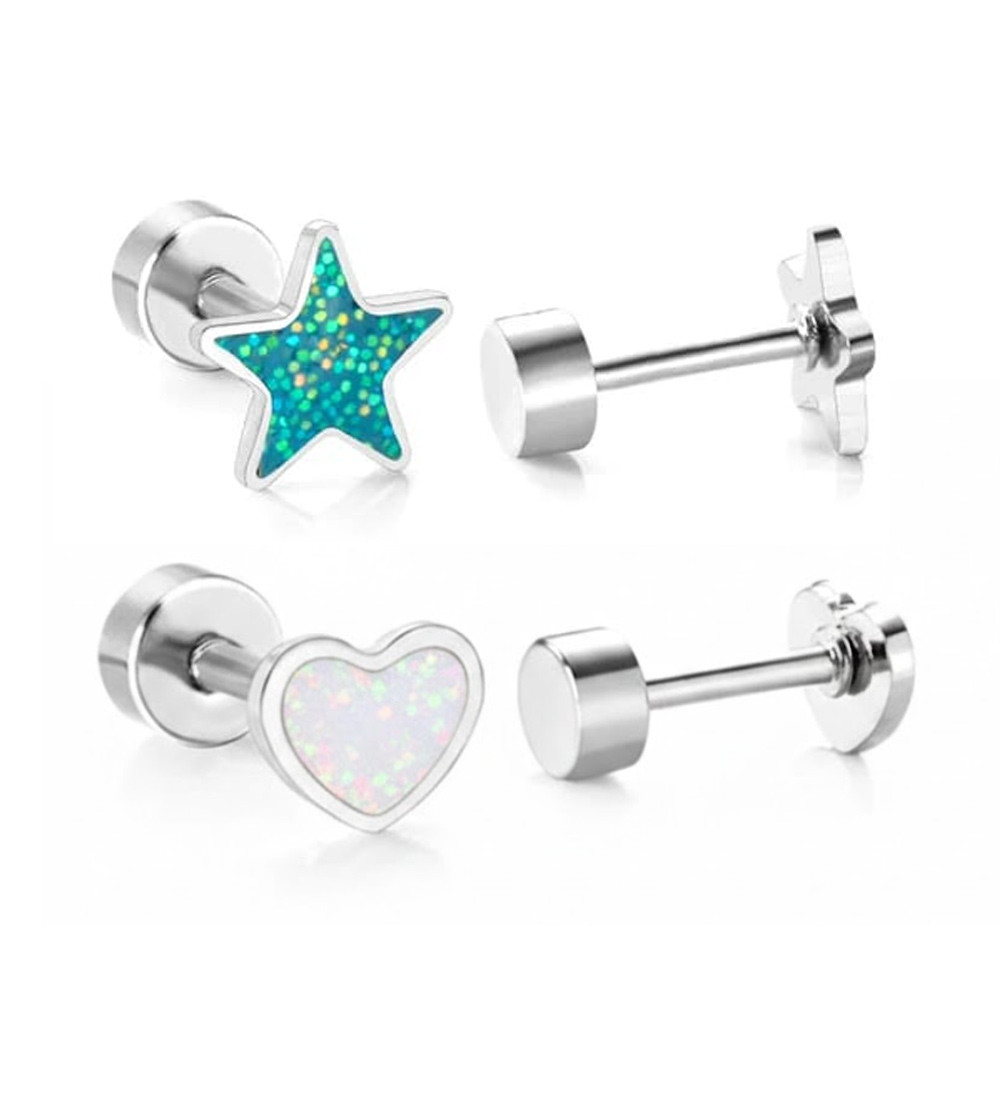 Csillámos szív és csillag orvosi fém kislány fülbevaló szett, csavaros zárral