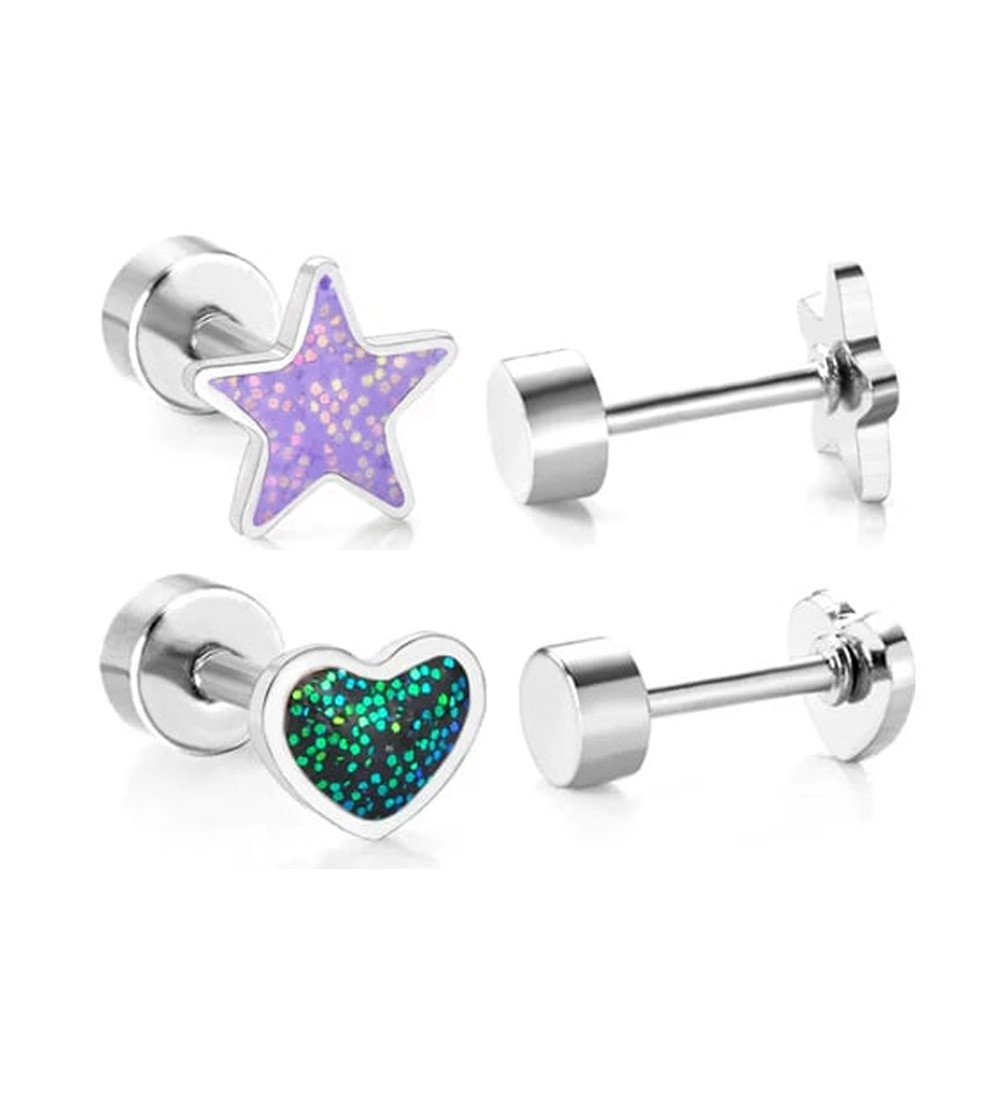Csillámos szív és csillag orvosi fém kislány fülbevaló szett, csavaros zárral
