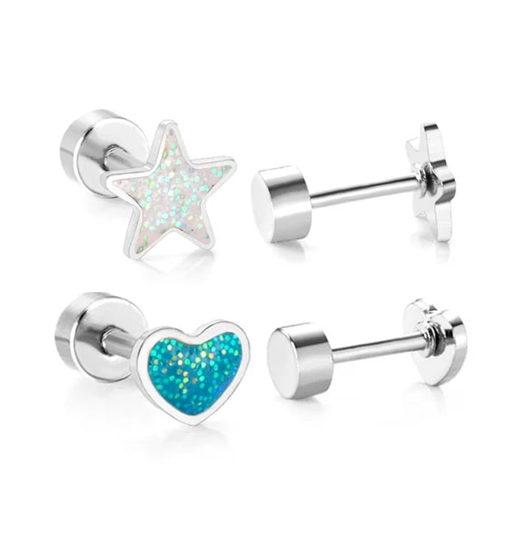 Csillámos szív és csillag orvosi fém kislány fülbevaló szett, csavaros zárral
