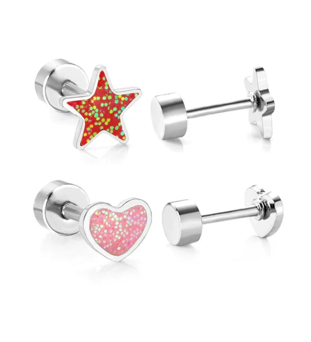 Csillámos szív és csillag orvosi fém kislány fülbevaló szett, csavaros zárral