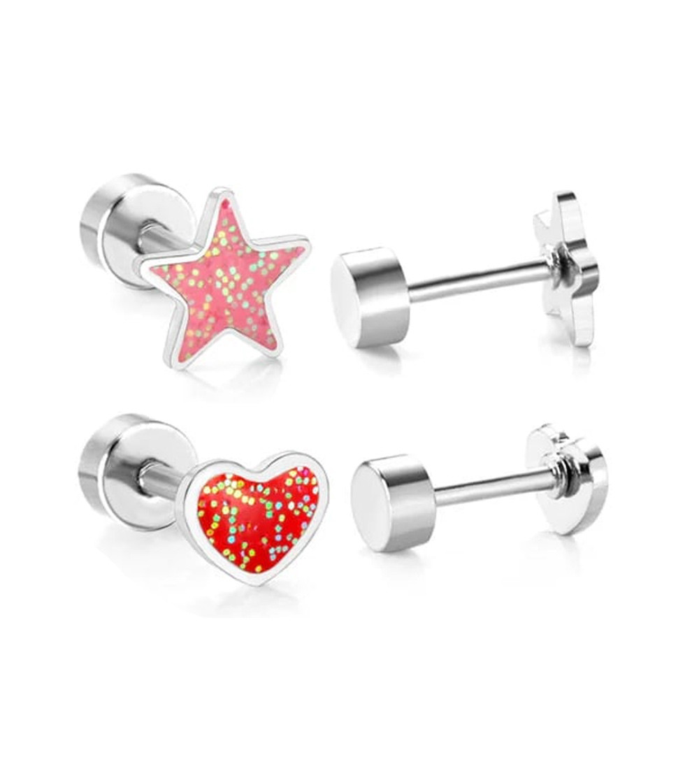 Csillámos szív és csillag orvosi fém kislány fülbevaló szett, csavaros zárral