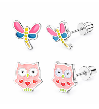 Bagoly és szitakötő, orvosi fém gyerek fülbevaló szett