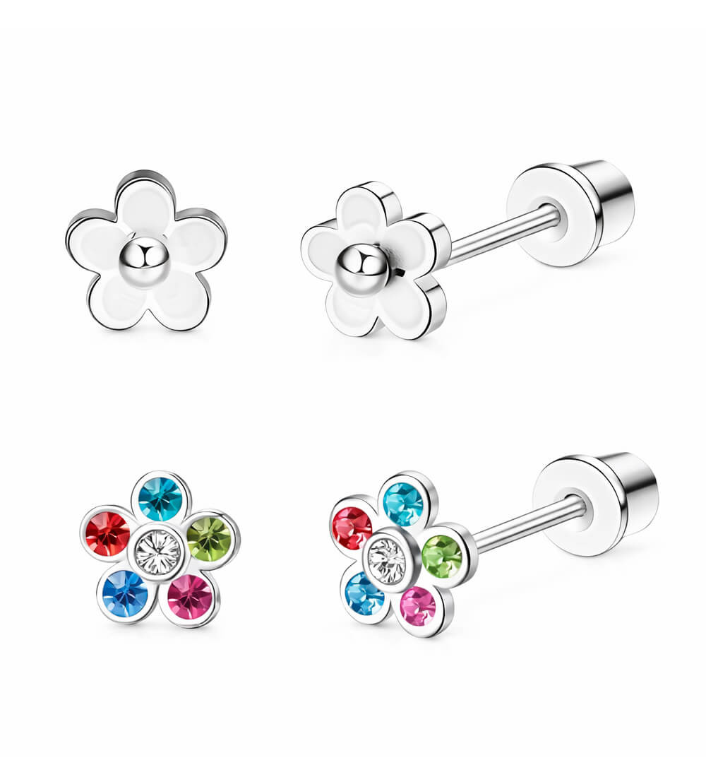 Virágok, 2 pár orvosi fém gyerek fülbevaló szett, csavaros zárral