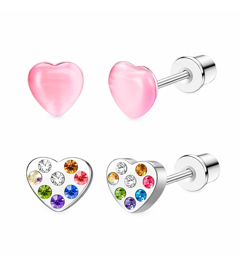 Szivecskék, 2 pár orvosi fém gyerek fülbevaló szett, csavaros zárral