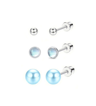 Kék gyöngyös, 3 pár orvosi fém fülbevaló szett, csavaros zárral