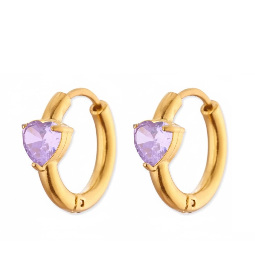 Lila szív díszes, nemesacél karika fülbevaló