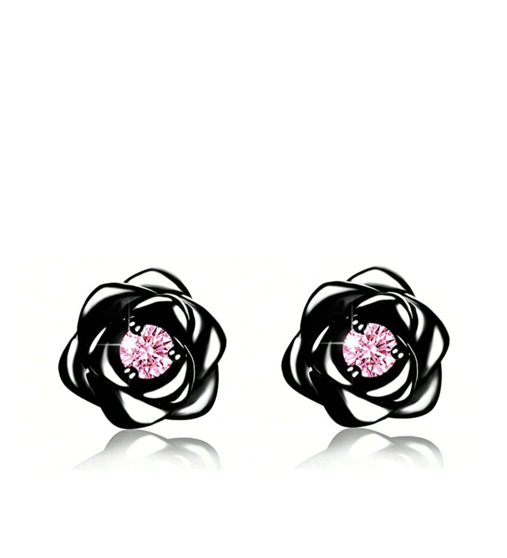 Fekete rózsa fülbevaló, pink kristállyal