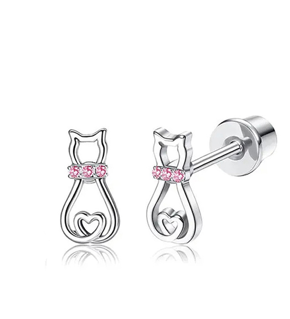Pink cica orvosi fém kislány fülbevaló, csavaros zárral