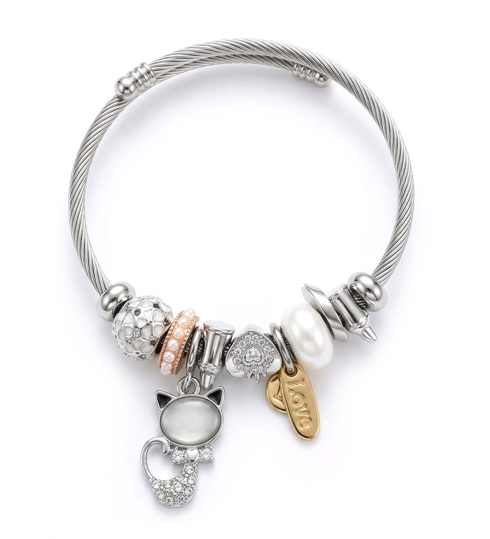 Pandora stílusú nemesacél karkötő, cica charmmal