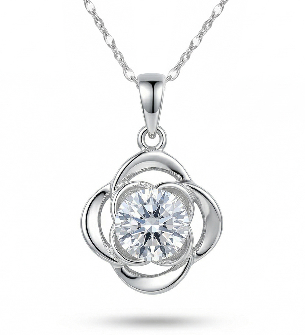 Rózsa ezüst medál nyakláncon, fehér kristállyal