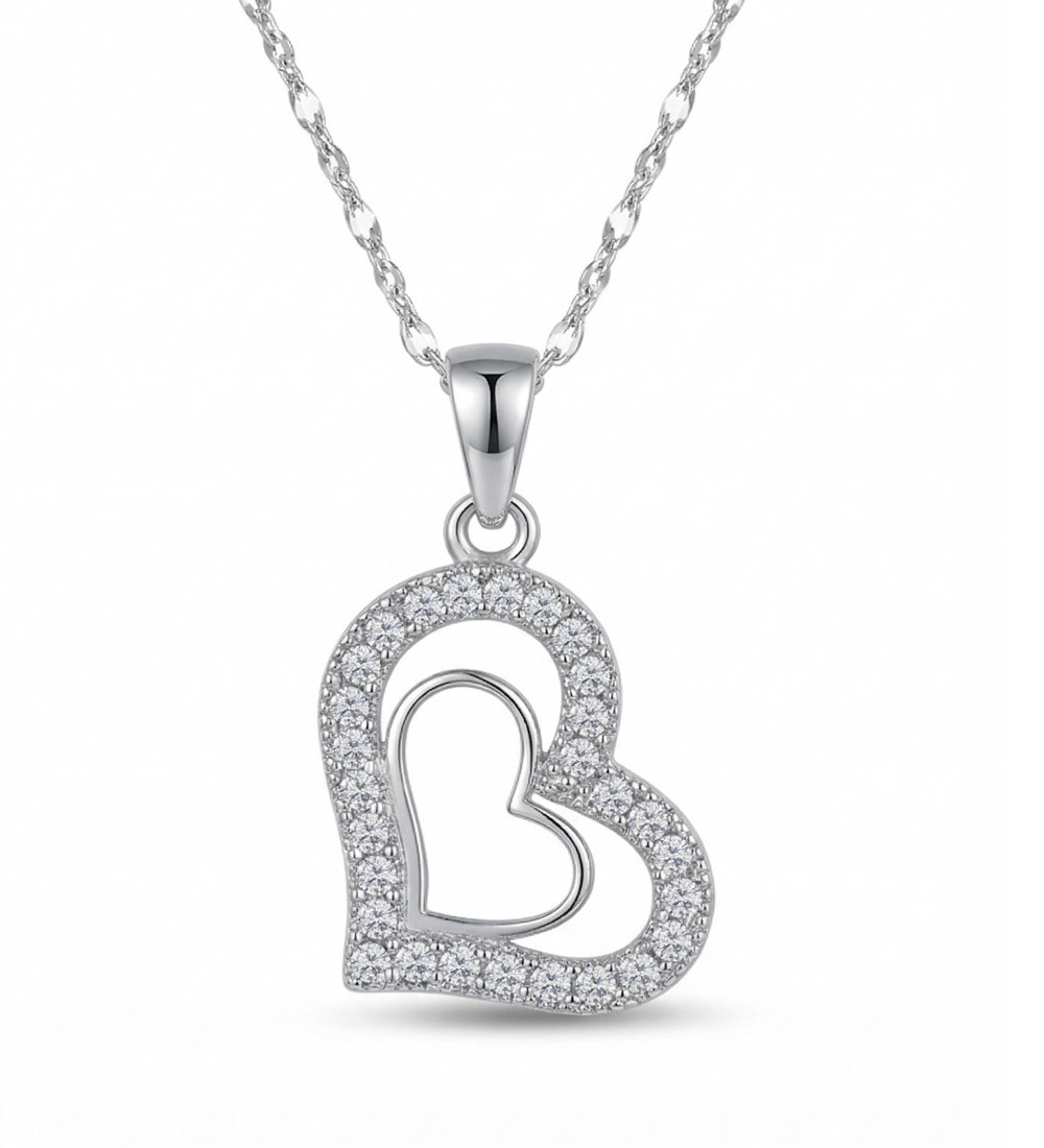 Dupla szív ezüst medál nyakláncon, fehér kristályokkal