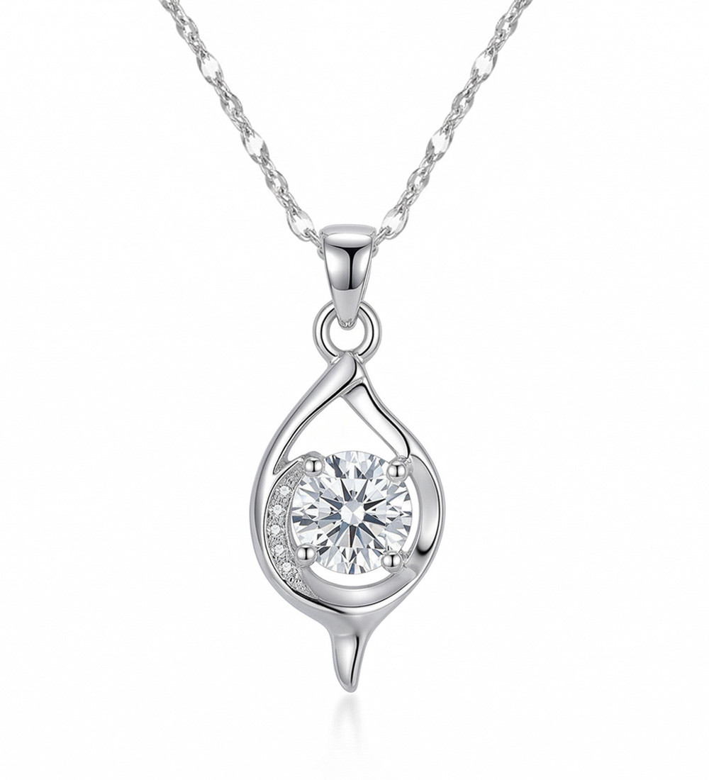 Csepp ezüst medál nyakláncon, fehér kristállyal