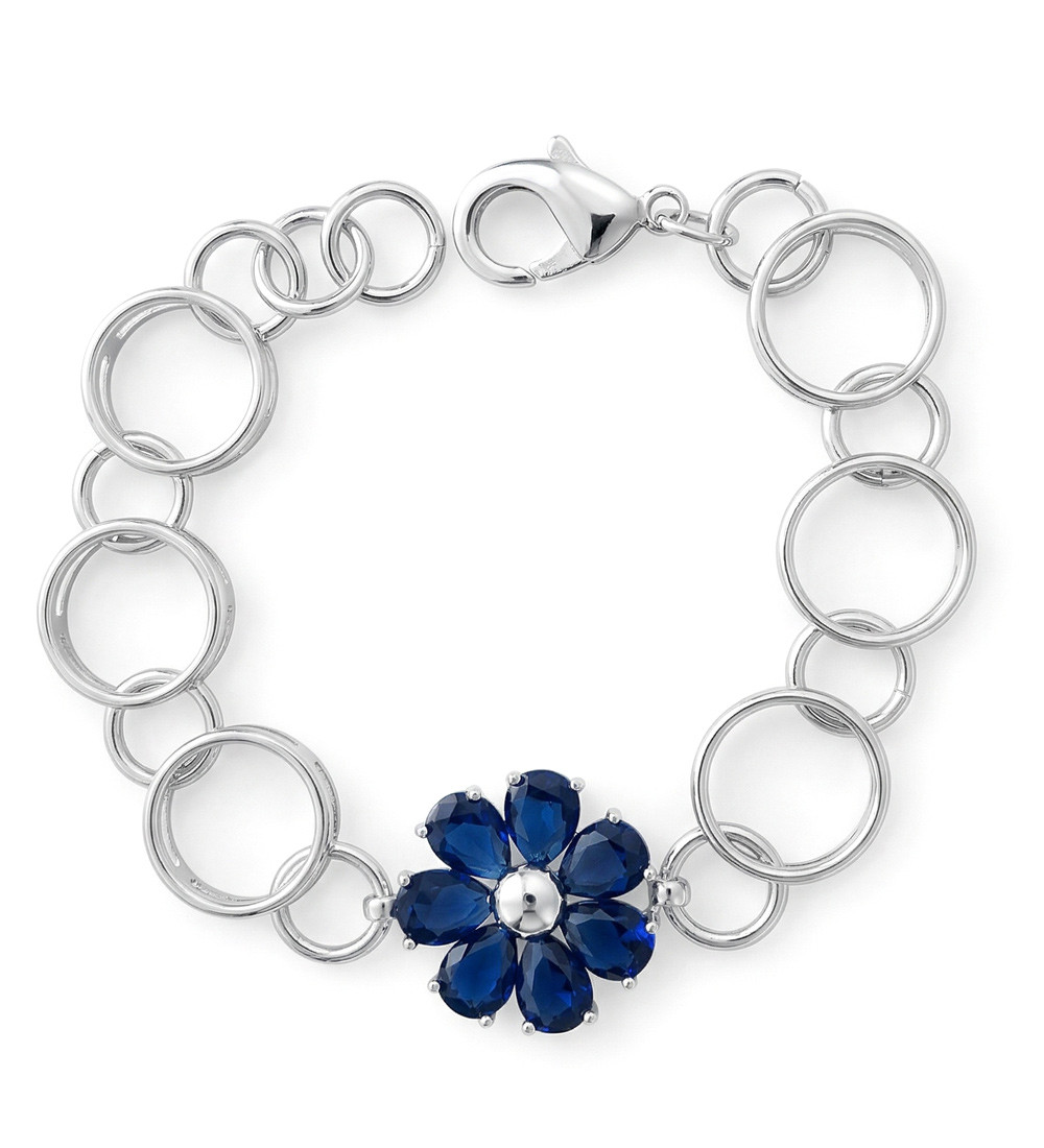 Kék virágos, karika láncszemes karkötő, ródium bevonattal