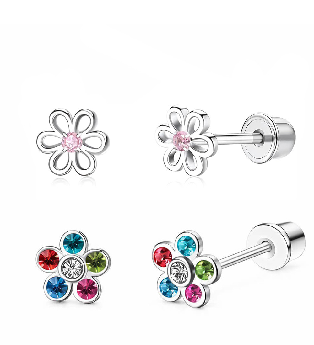 Virágok, 2 pár orvosi fém gyerek fülbevaló szett, csavaros zárral