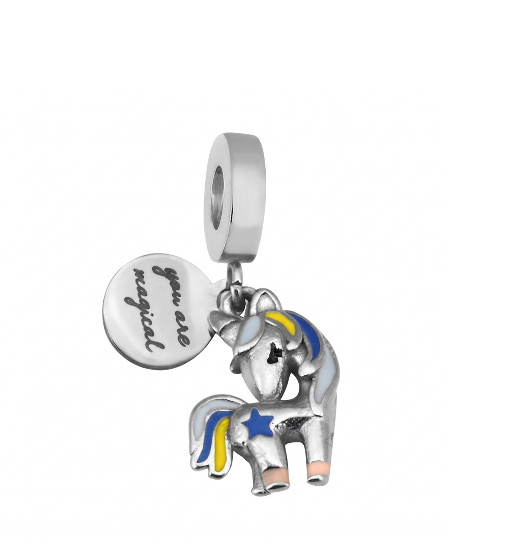 Unikornis nemesacél charm, gravírozott szöveggel