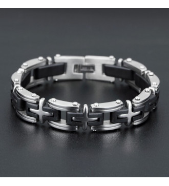 Fekete-ezüst színű nemesacél-szilikon karkötő férfiaknak