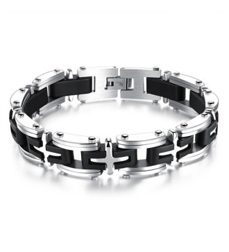 Fekete-ezüst színű nemesacél-szilikon karkötő férfiaknak