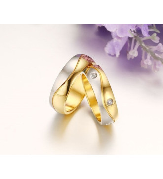 Kéttónusú, kristályos női nemesacél karikagyűrű, hullám bevéséssel