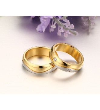 Kéttónusú, kristályos női nemesacél karikagyűrű, hullám bevéséssel